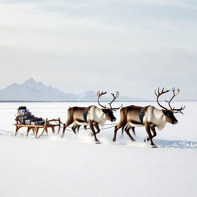 Reindeer Pulling Sleigh in Snow