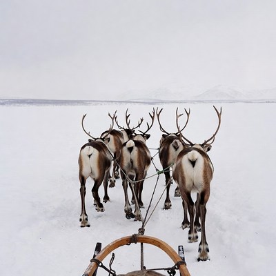 Reindeer Pulling Sled in Snowy Landscape