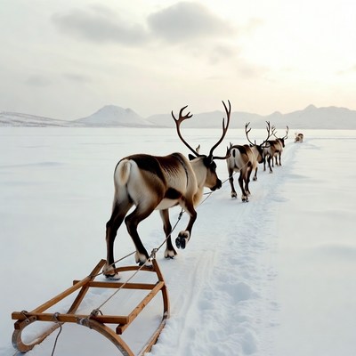 Reindeer Pulling Sled Across Snowy Landscape