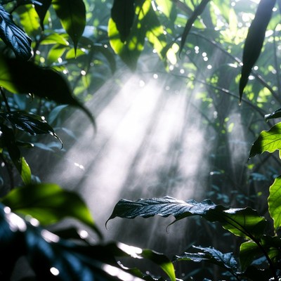 Sunlight Beams Through Jungle Leaves