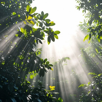 Sunlight Rays Through Tropical Forest Leaves
