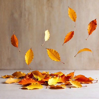 Falling Autumn Leaves on Beige Background