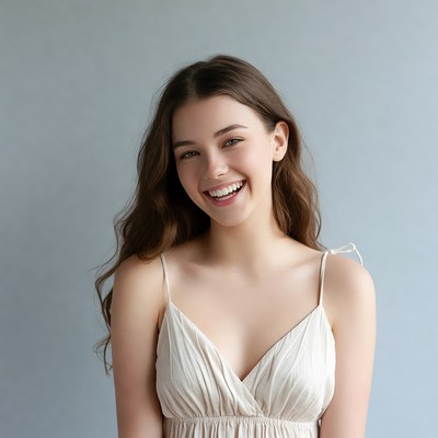 Smiling young woman in beige dress