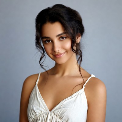 Young woman in white dress smiling