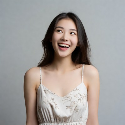 Asian woman smiling upwards