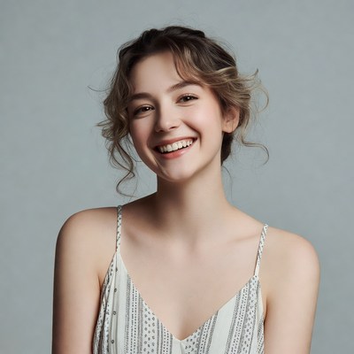 Smiling woman in white slip dress