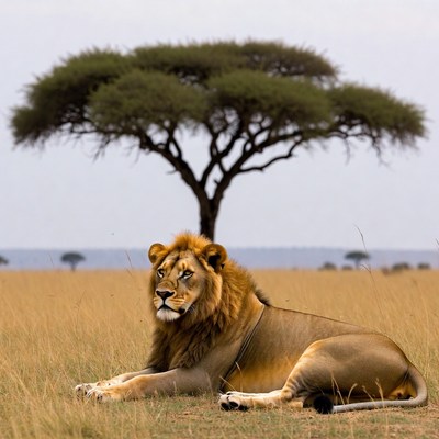 Lion resting under acacia tree