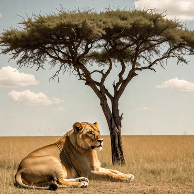 Lion resting under acacia tree