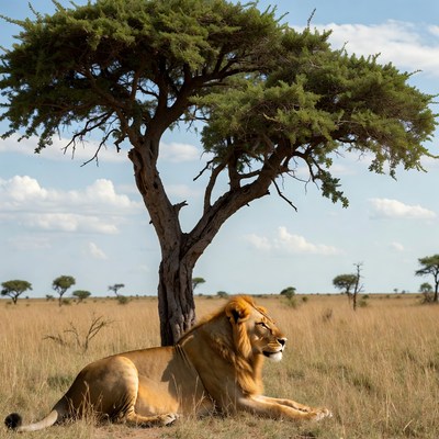 Lion resting under acacia tree
