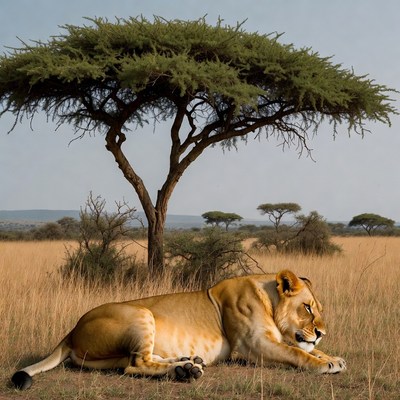Lioness resting under acacia tree