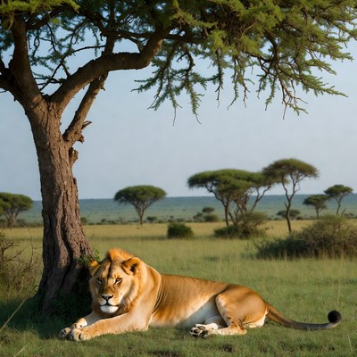 Lion resting under acacia tree