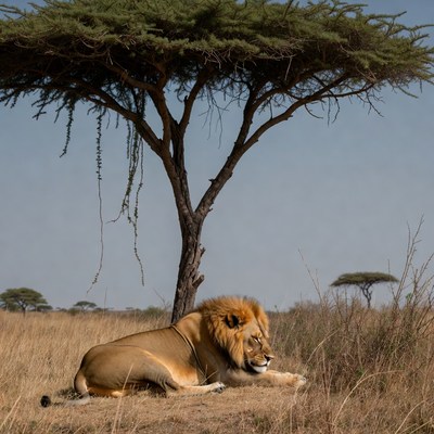 Lion resting under acacia tree