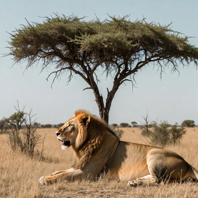 Lion lying under acacia tree