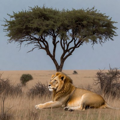 Lion lying under acacia tree