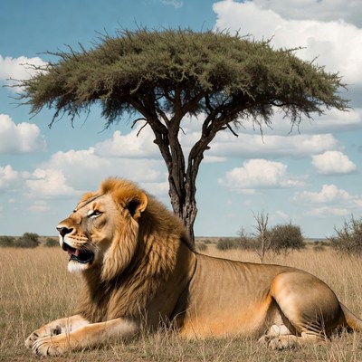 Lion lying under acacia tree