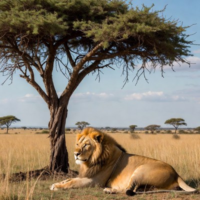 Lion resting under acacia tree