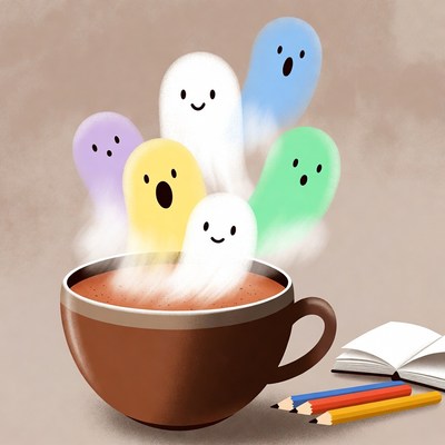Cute ghosts rising from coffee cup