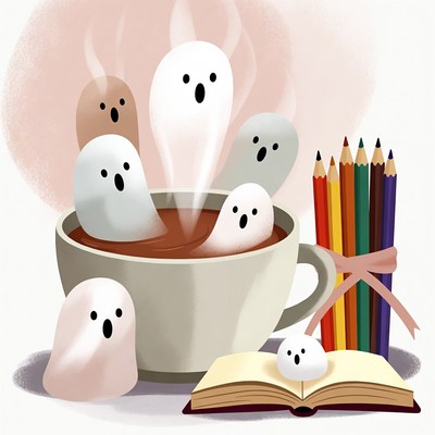 Cute ghosts in steaming mug