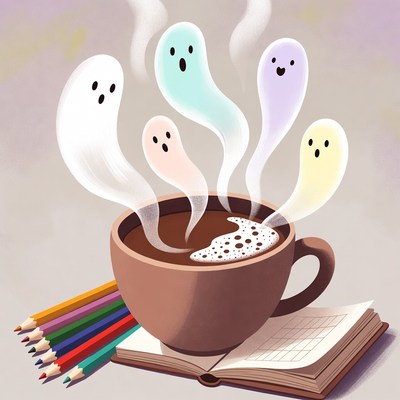 Cup of coffee with ghosts and crayons