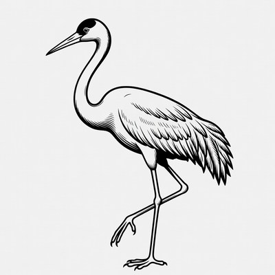 Black and white crane illustration