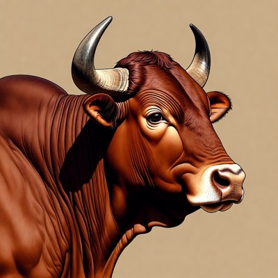 Brown Bull with Curved Horns
