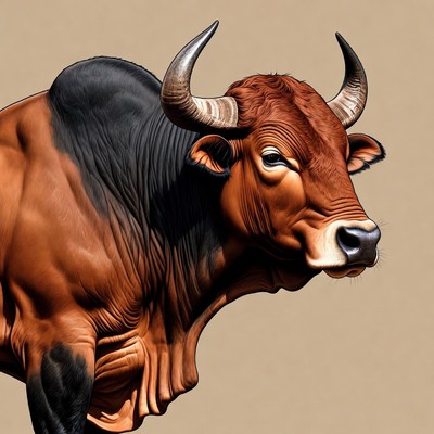 Brown Bull with Curved Horns