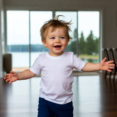 Blond toddler boy smiling with arms outstretched