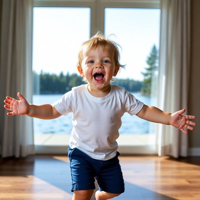 Blond baby boy smiling with arms outstretched