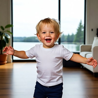 Blond toddler boy smiling with arms outstretched