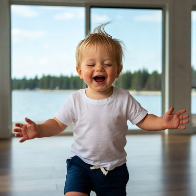 Blond baby boy laughing with arms outstretched