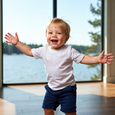 Blond toddler boy arms outstretched window