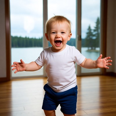Blond baby boy smiling with arms outstretched