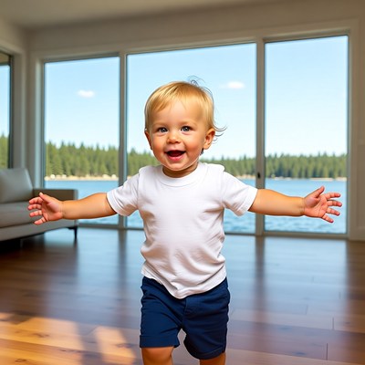 Blond baby boy arms outstretched in modern home