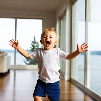 Blond toddler boy arms outstretched indoors