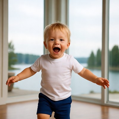 Blond toddler boy laughing by window