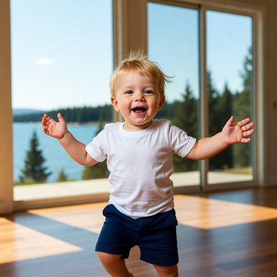 Blond toddler smiling with arms outstretched