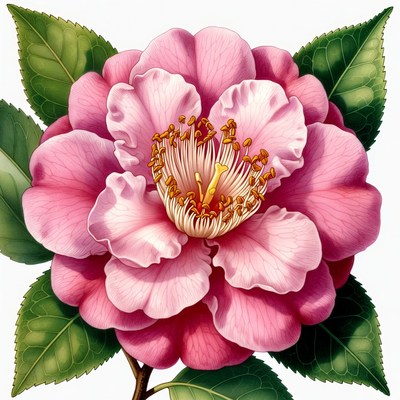 Pink Camellia Flower with Leaves