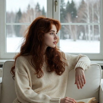 Redhead woman gazing out snowy window