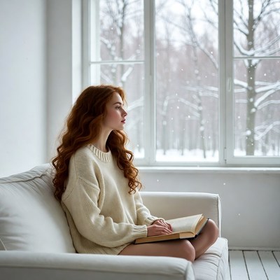 Redhead woman reading by snowy window