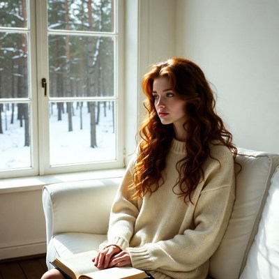 Redhead woman reading book by snowy window