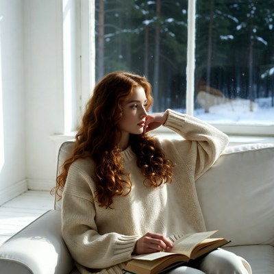 Redhead woman reading by snowy window