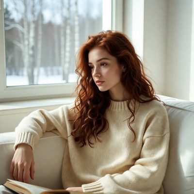 Redhead woman reading book by window