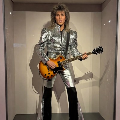 Man in silver outfit playing guitar