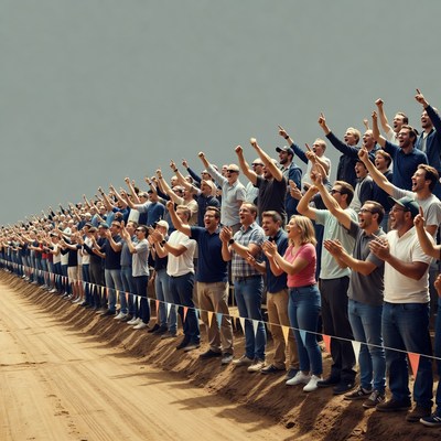 Crowd cheering with raised hands