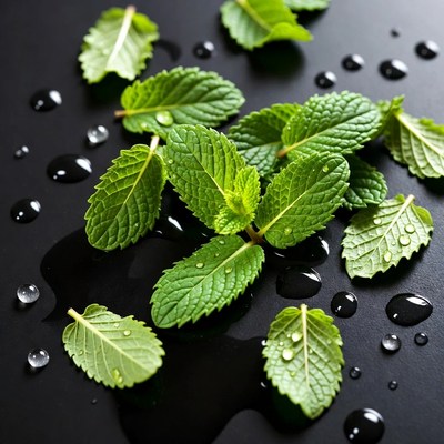 Fresh Mint Leaves on Black Background