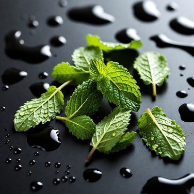 Fresh Mint Leaves on Black Wet Surface