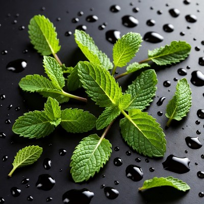 Fresh Mint Leaves on Black Background
