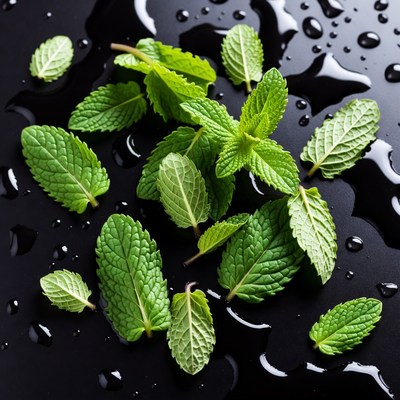 Fresh Mint Leaves on Black Wet Surface