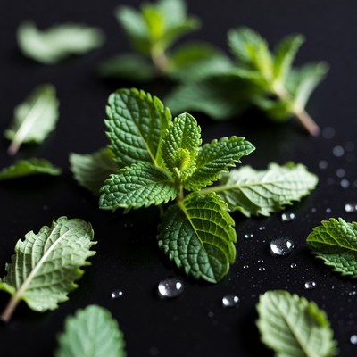 Fresh Mint Leaves on Black Background