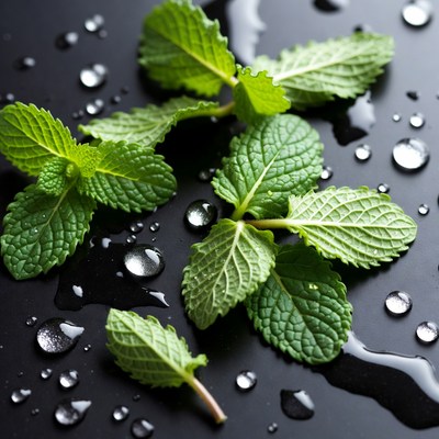 Fresh Mint Leaves with Water Droplets